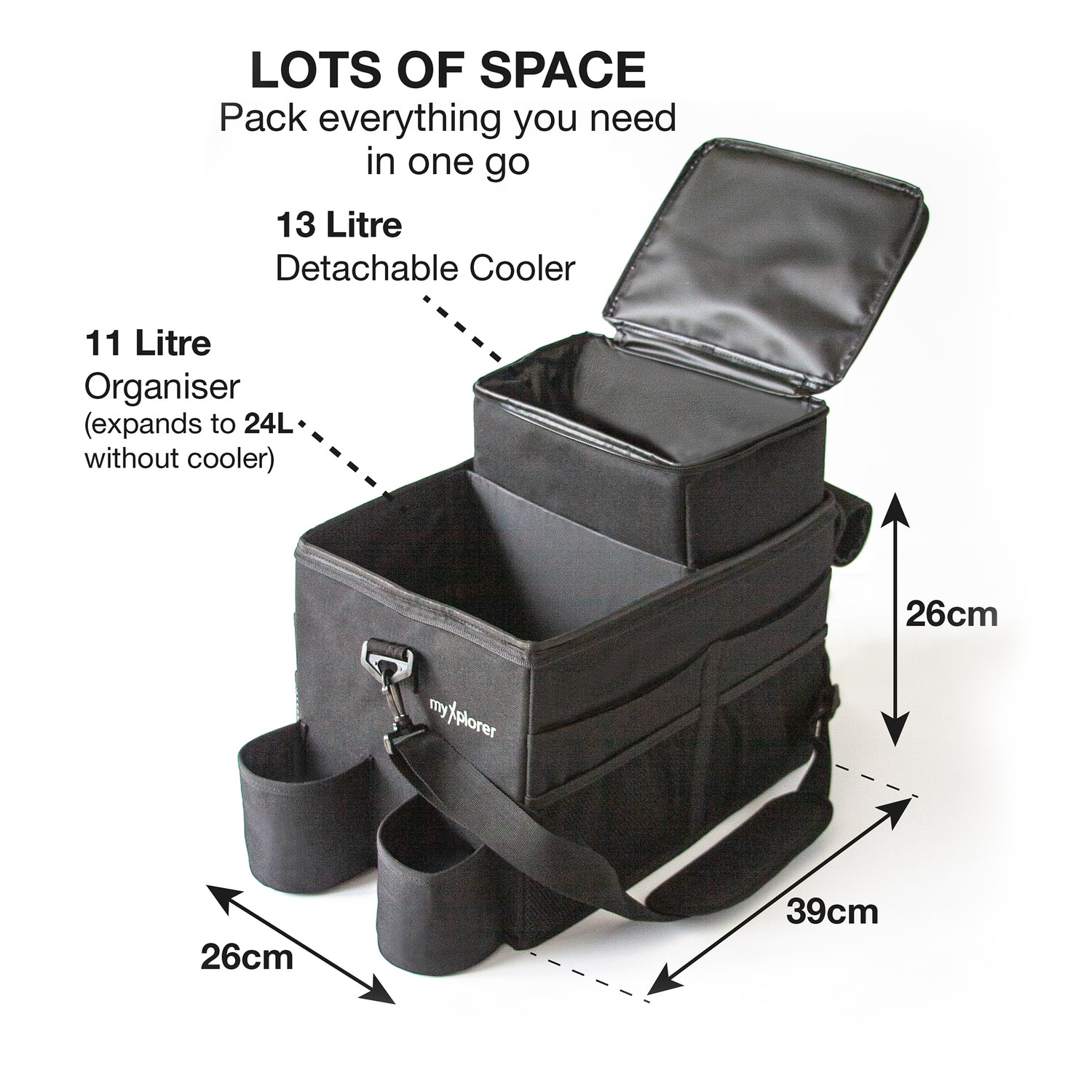 A product shot of the myXplorer van organiser highlighting its spacious design, featuring the 24-litre main compartment alongside the separate 13L detachable cooler bag.