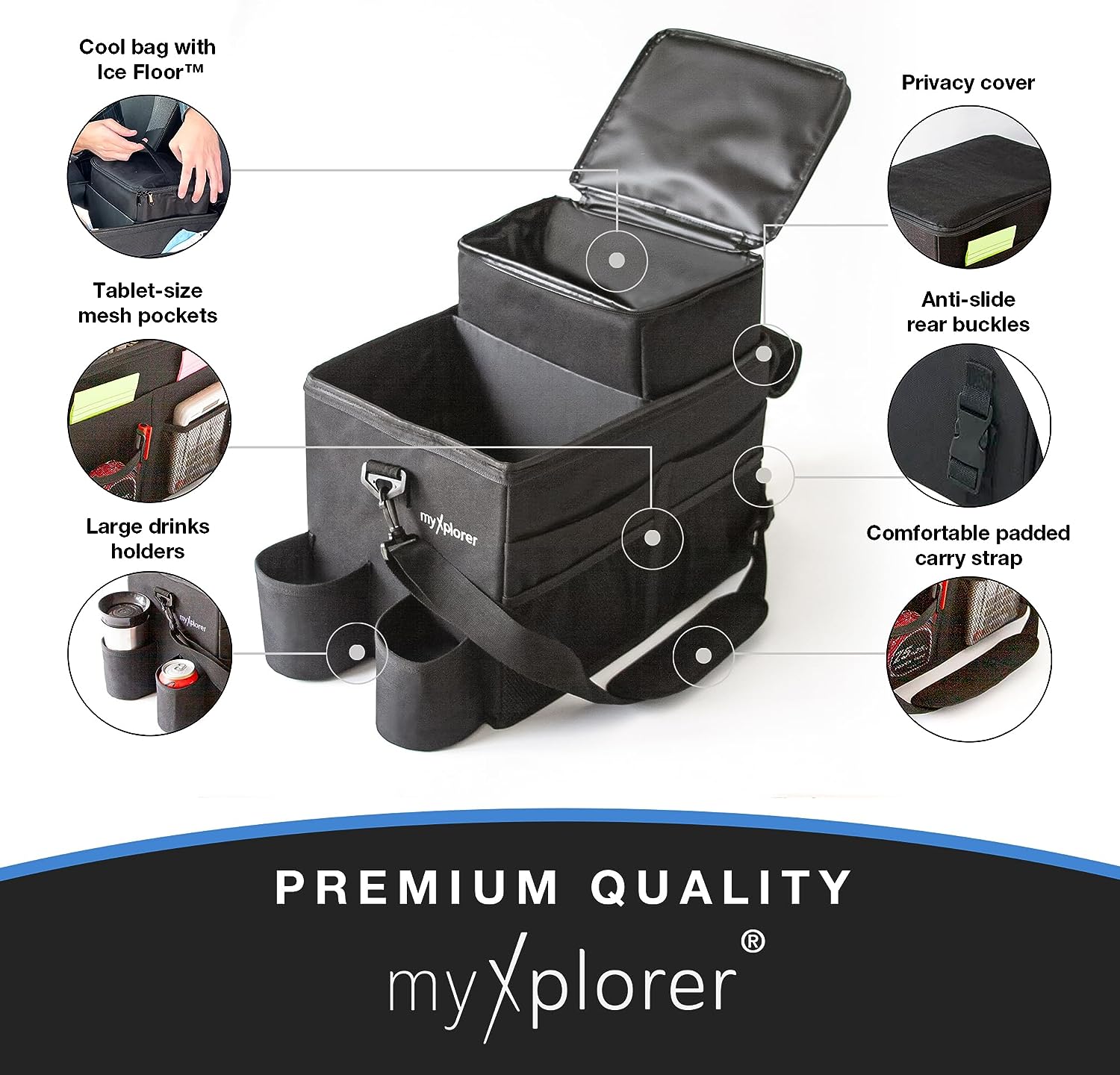 Premium quality, cool bag with ice floor, tablet-size mesh pockets, large drinks holders, privacy cover, anti-slide rear buckles, comfortable padded carry strap.