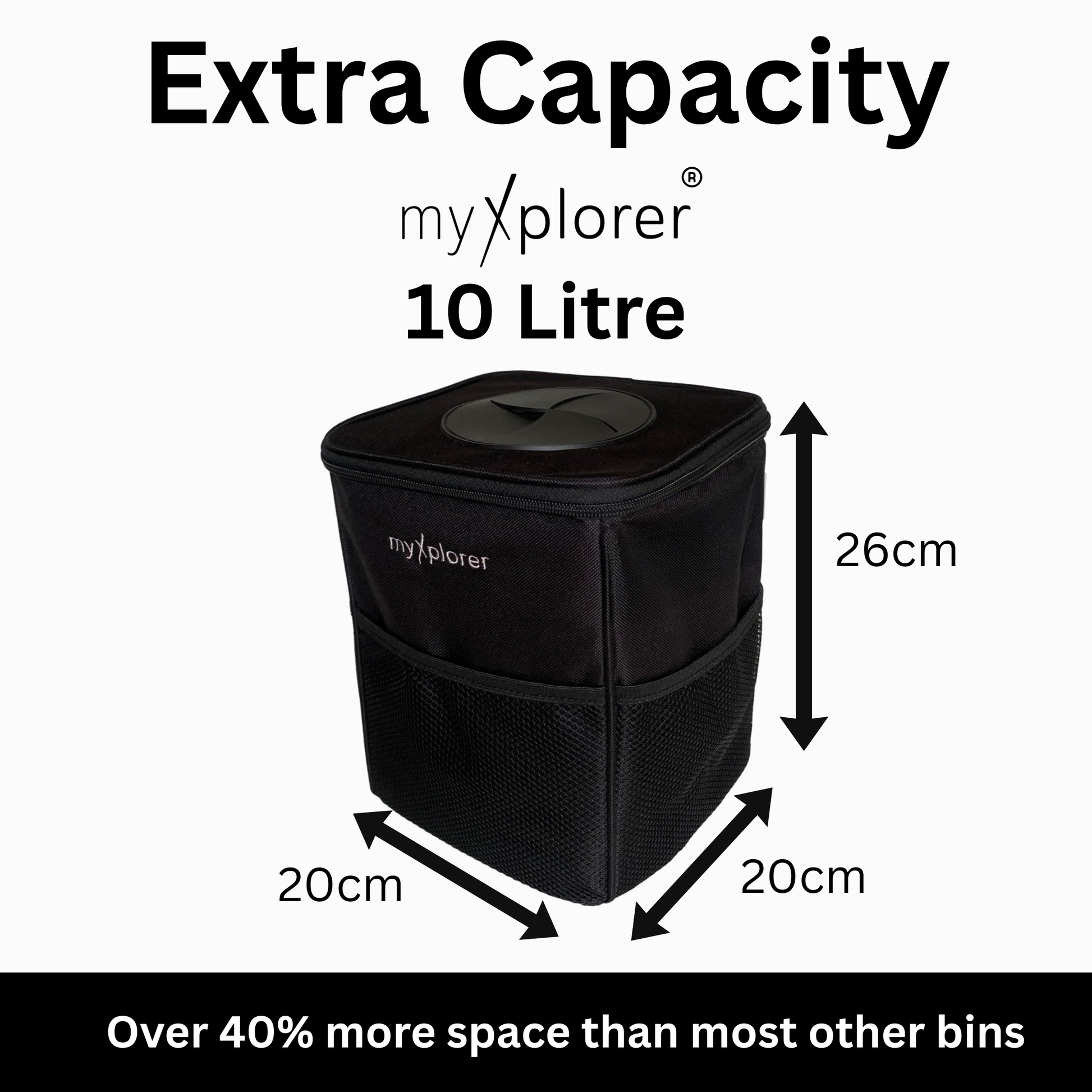 Black car and van rubbish bin with dimensions and 10 litre capacity details on a white background
