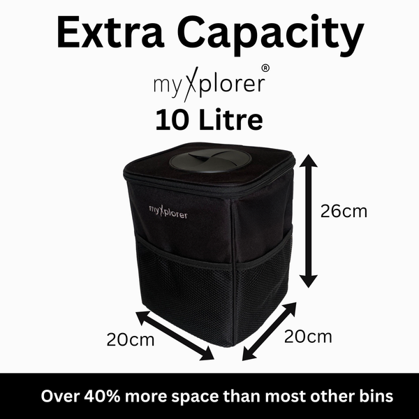 Black car and van rubbish bin with dimensions and 10 litre capacity details on a white background