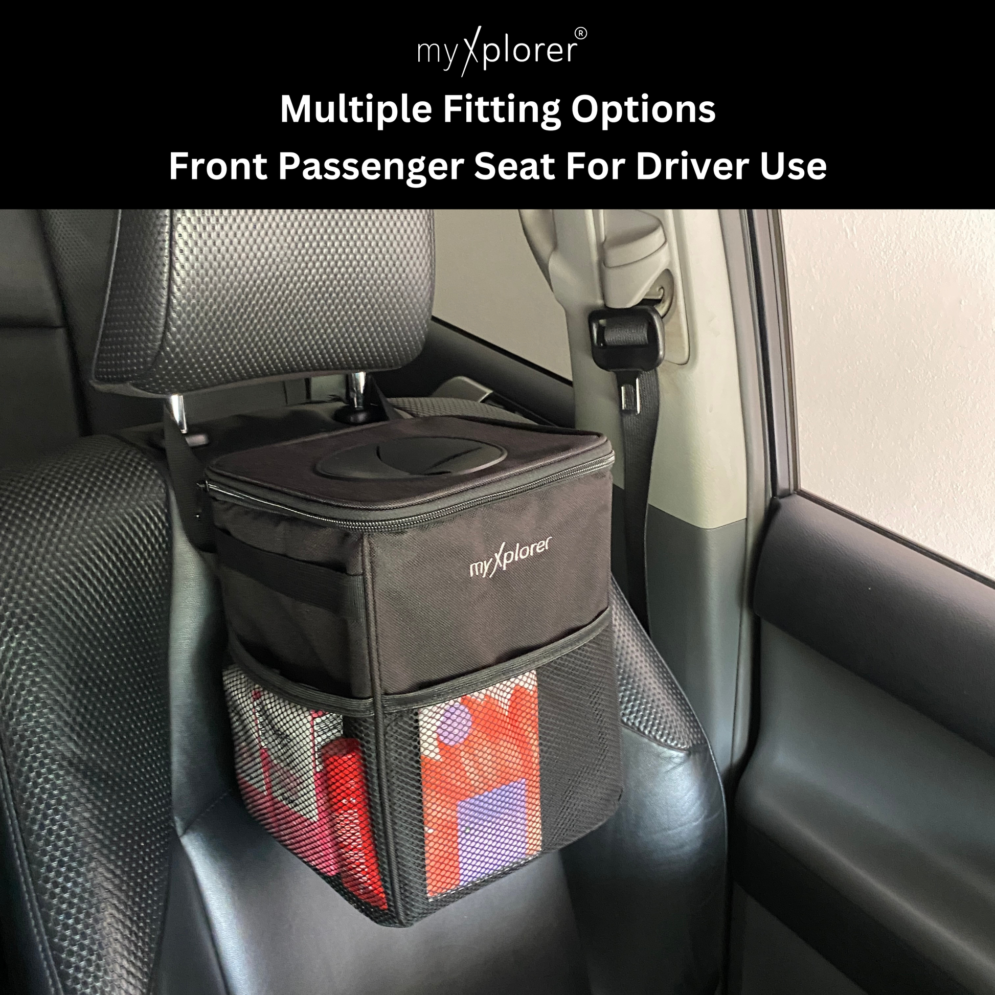 Car and van rubbish bin attached to a front passenger car seat with 'myXplorer' branding and mesh pockets in use for storing tissue and personal items.