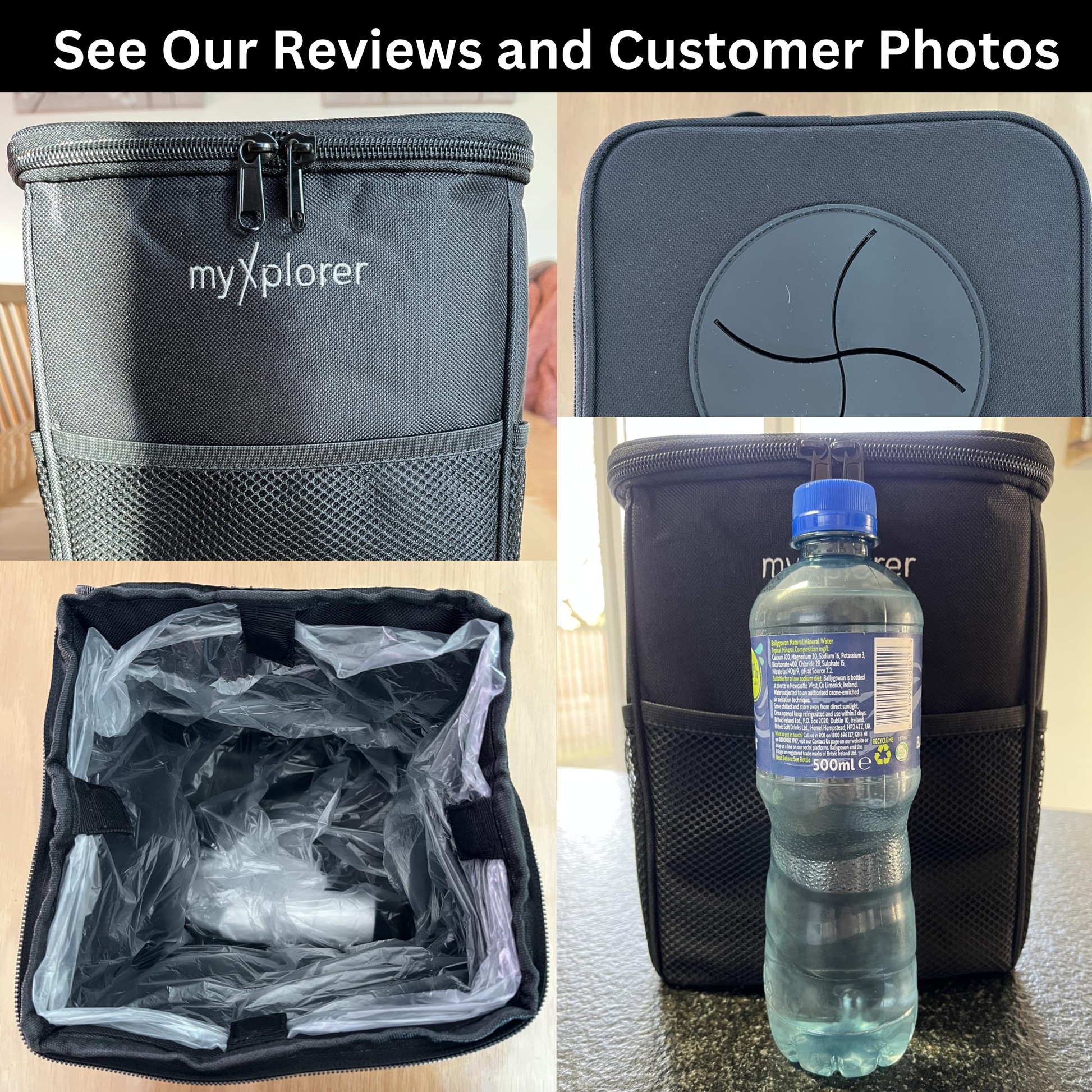 Collage of a black van and car rubbish bin with 'myxplorer' branding, showing real-life customer photos of the product.