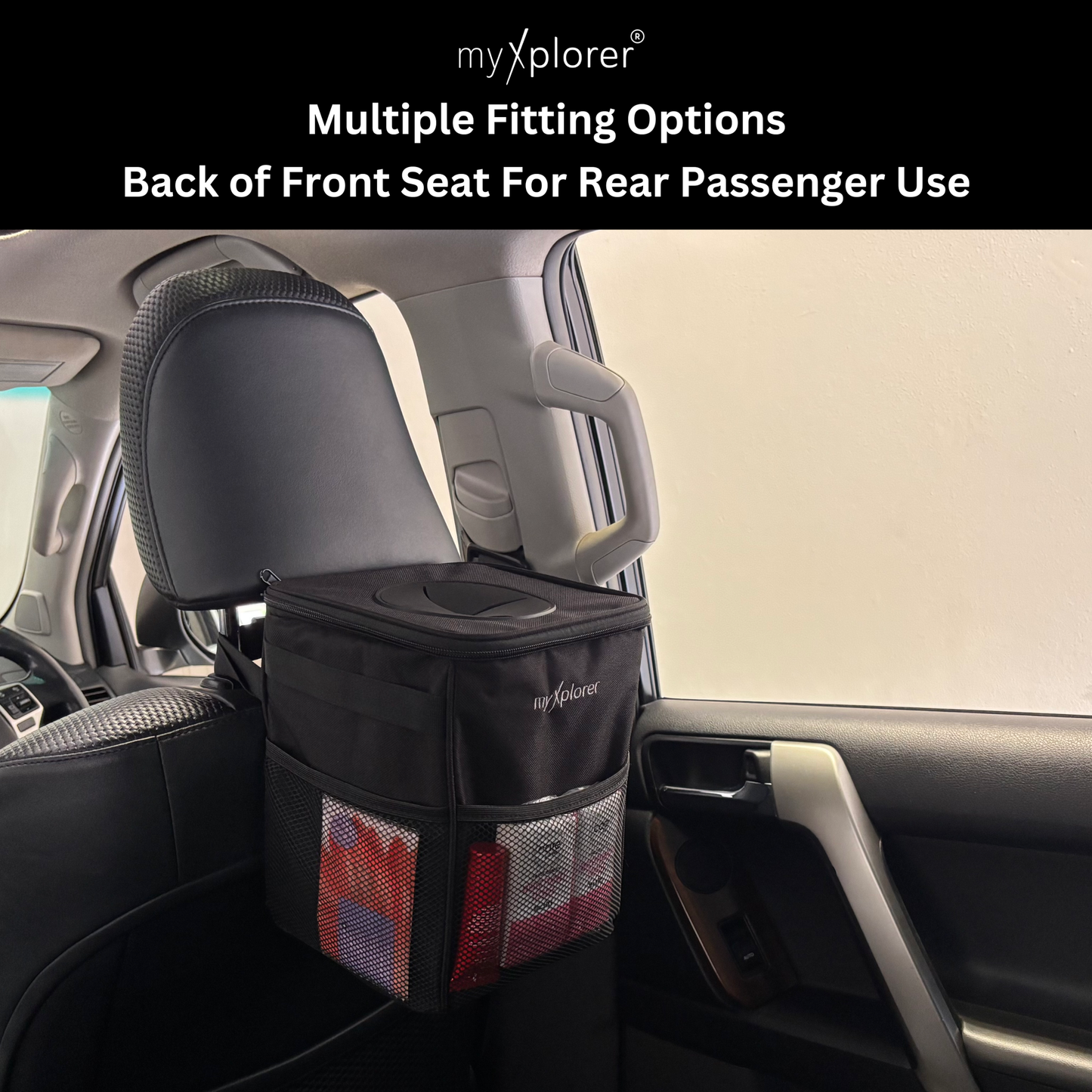 myXplorer car rubbish bin attached to the back of a front car seat indicating fitting options for rear seat passengers.