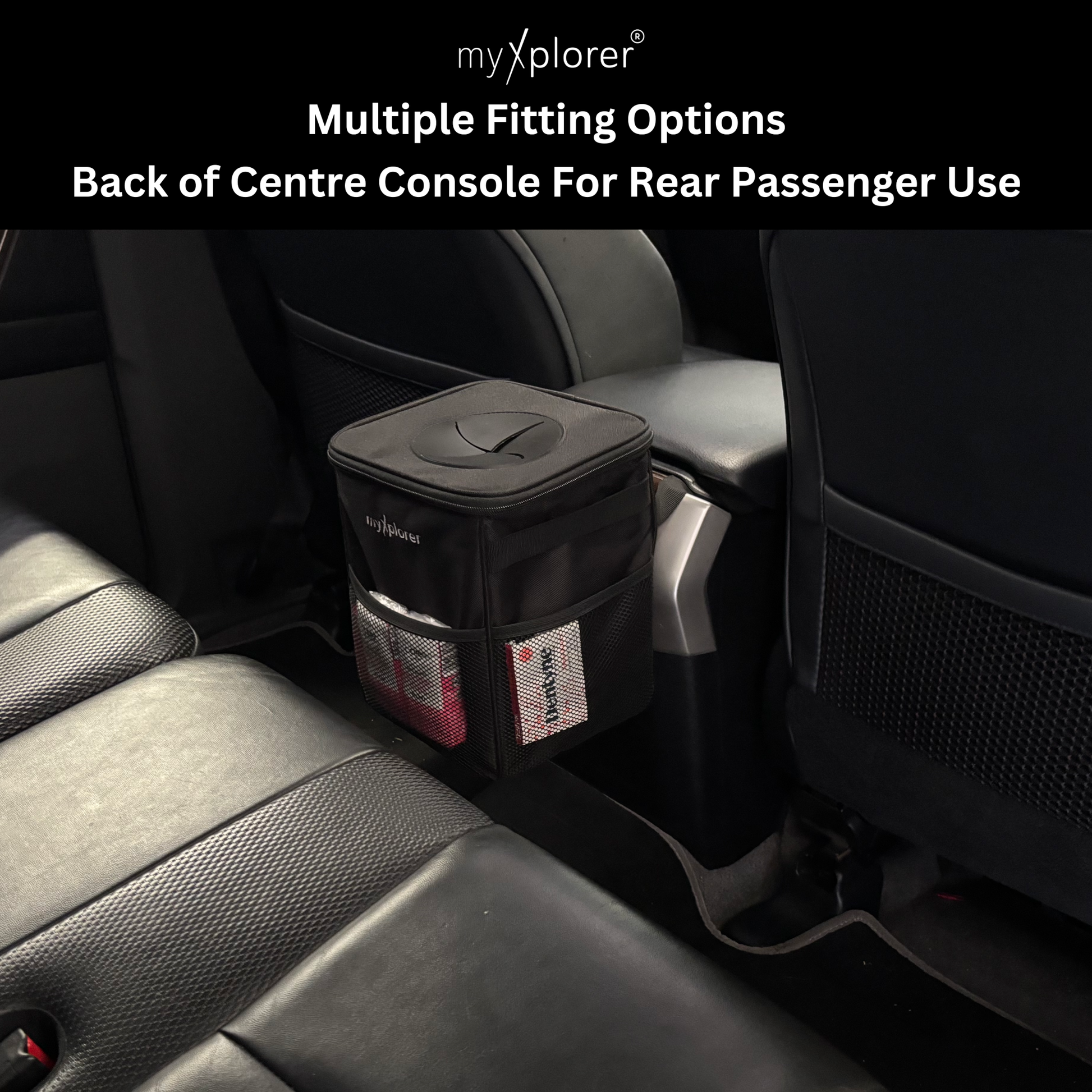 myXplorer car rubbish bin attached to the back of a centre console indicating fitting options for shared use by rear seat passengers. An ideal configuration for kids.