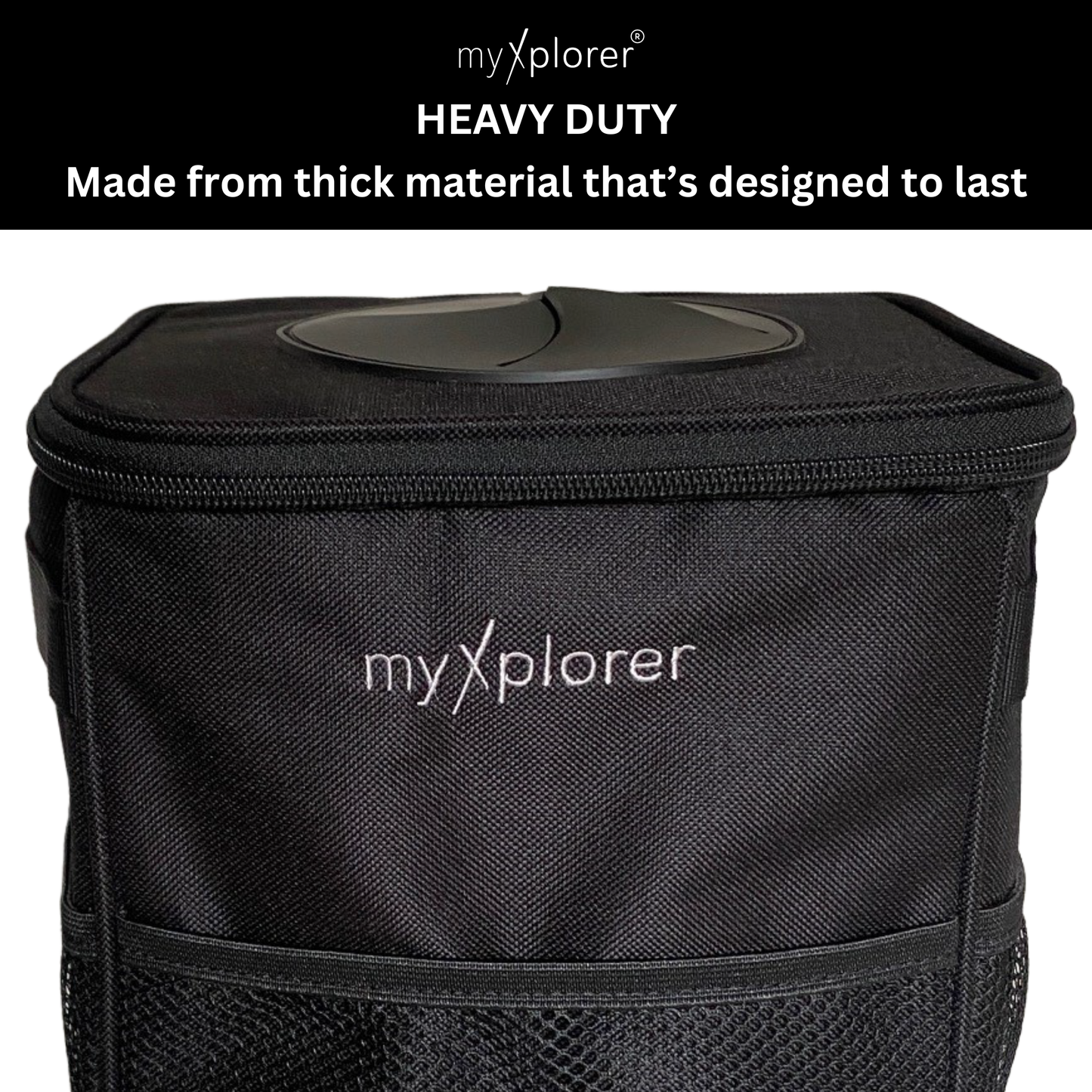 Black heavy-duty rubbish bin showcasing thick material with 'myXplorer' branding on a white background