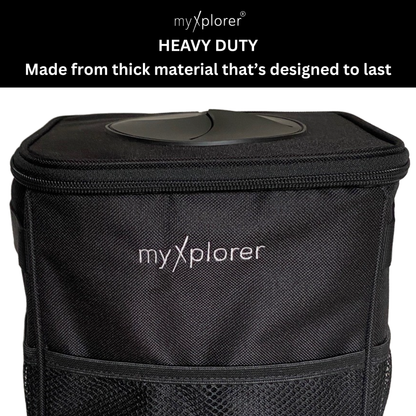 Black heavy-duty rubbish bin showcasing thick material with 'myXplorer' branding on a white background