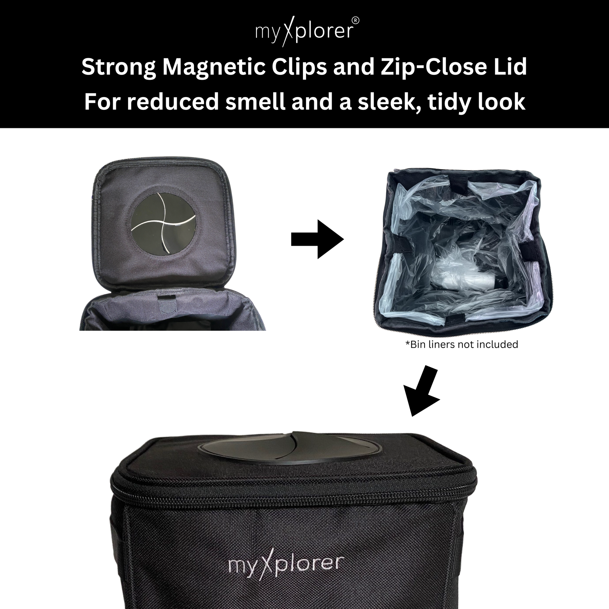 Black myXplorer rubbish bin showing magnetic clips for holding bin-liner and zip-close lid for prevention smell, featuring myxplorer branding.