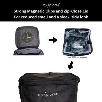 Black myXplorer rubbish bin showing magnetic clips for holding bin-liner and zip-close lid for prevention smell, featuring myxplorer branding.